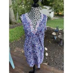 Lands End Womens SZ M (10-12) Sleeveless Split Neck Paisley Print Dress Blue